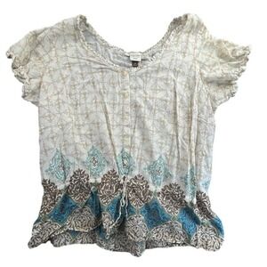 Sonoma Life Style Woman 1X‎ Tunic Top White Beige Blue Floral Print Drawstring